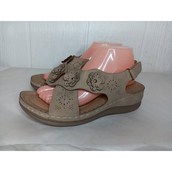 SHIBEVER Sandals Women's 41 US 9.5 Tan Low Wedge Floral Adjustable Heel Strap - Picture 3 of 8
